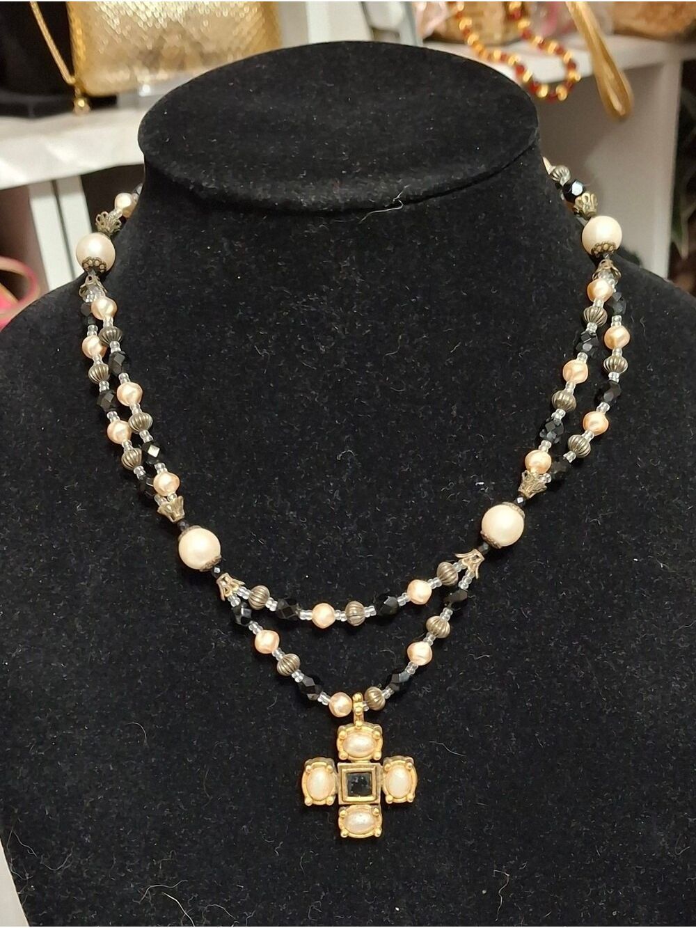 Treska black and pearl double strand necklace with Toggle clasp